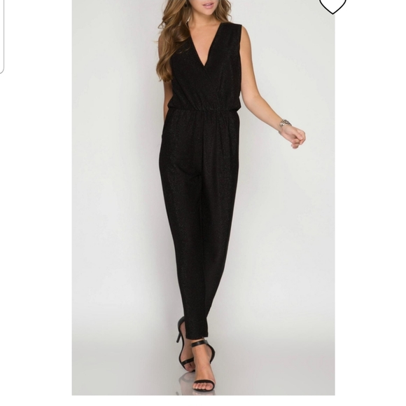 She and Sky Pants - She + Sky Black Metallic Shimmery Jumpsuit